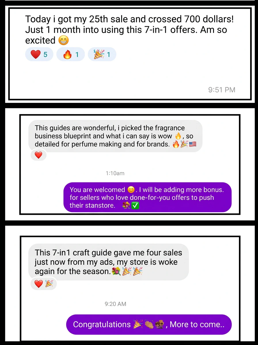Customer messages reporting 25 sales in a month, detailed fragrance guide results, and four sales from ads