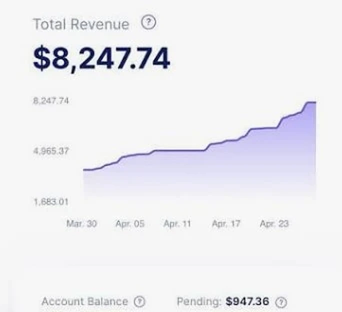 Dashboard showing $8,247.74 total revenue growth chart