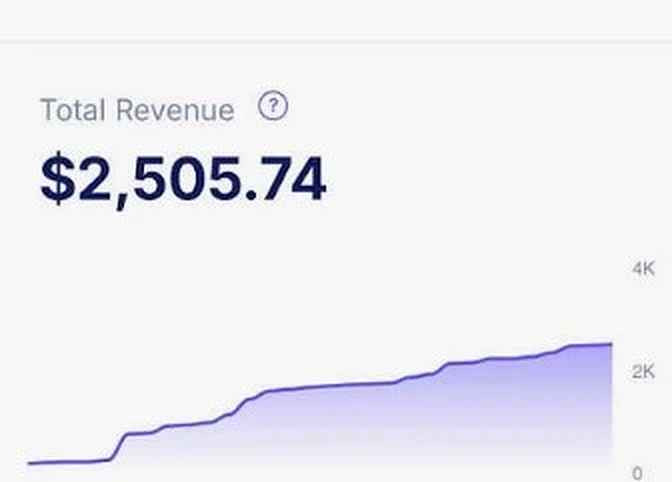 Dashboard showing $2,505.74 total revenue growth chart